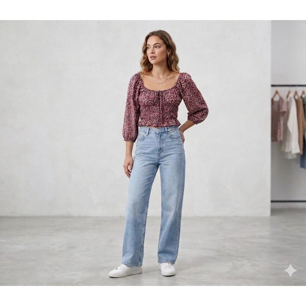 Zara Crop Top Womens S Puff Sleeve Ruched peasant cottage milkmaid rennfaire New